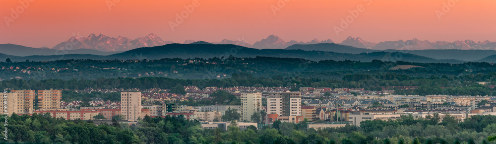 Krakow, Poland, panorama of southern city districts with Tatra mountains in the background