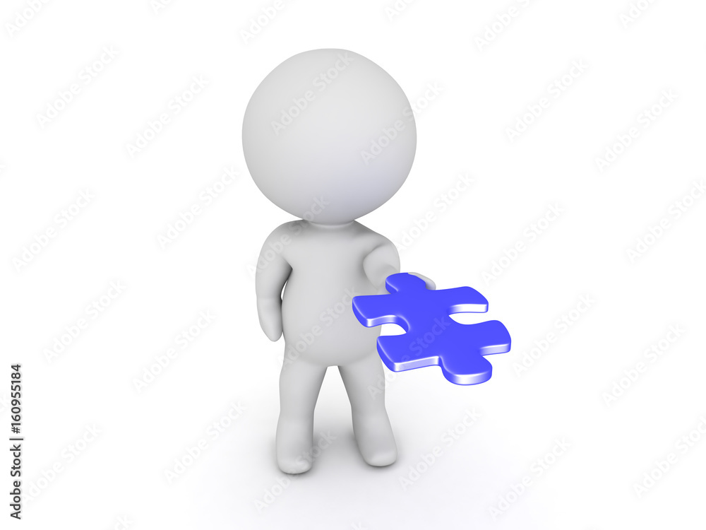 3D Character extending his hand out with blue puzzle piece in his palm 3D Character extending his hand out with blue puzzle piece in his palm