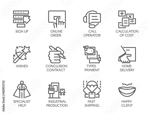Big vector set of 12 icons in linear style of business, online orders and payments, fast delivery, high customer service symbols. Vector labels isolated on a white background