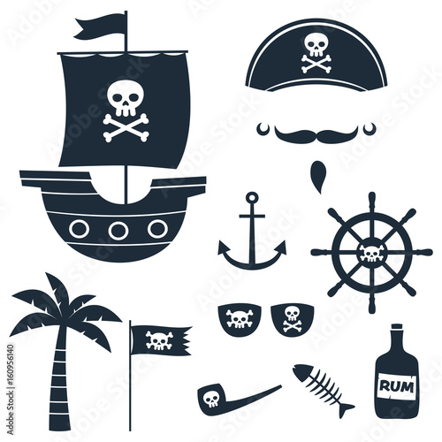 Pirate theme silhouettes set (ship, hat, flag, palm tree, steering wheel) photo