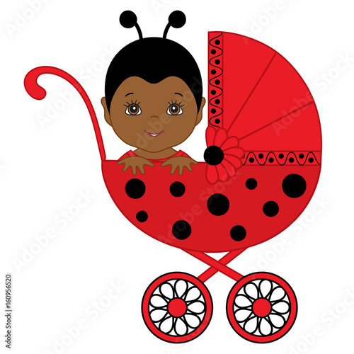 Vector African American Cute Baby Girl in Ladybug Costume  Sitting in Stroller.