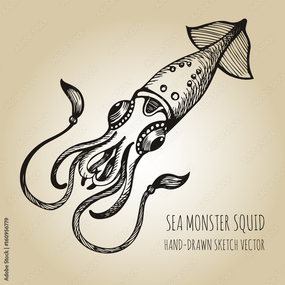 Sea Monster - Giant Squid. Hand drawn sketch vector Stock Vector