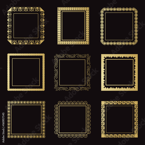 Set of square and rectangular frames isolated on a black background. Gold frames.