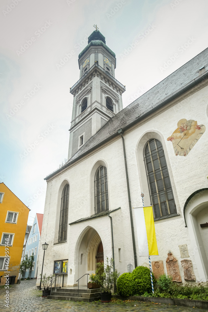 Obraz premium A low angle view of St Georges Church belfry in Freising, Germany.