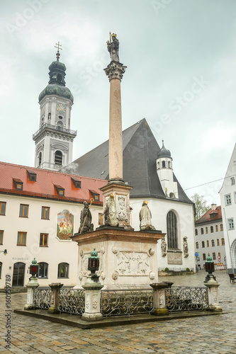 The Mary's Column at the town square with town hall and Saint Georges Church in Freising, Germany.
