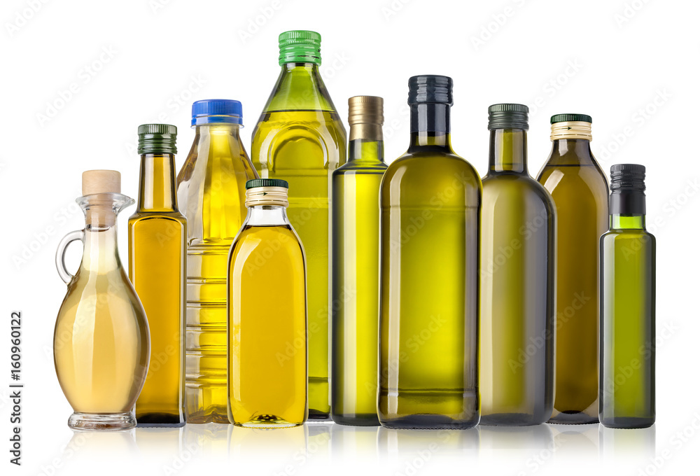 Olive oil bottles on white