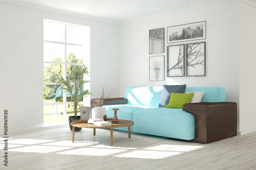 White room with sofa and green landscape in window. Scandinavian interior design. 3D illustration