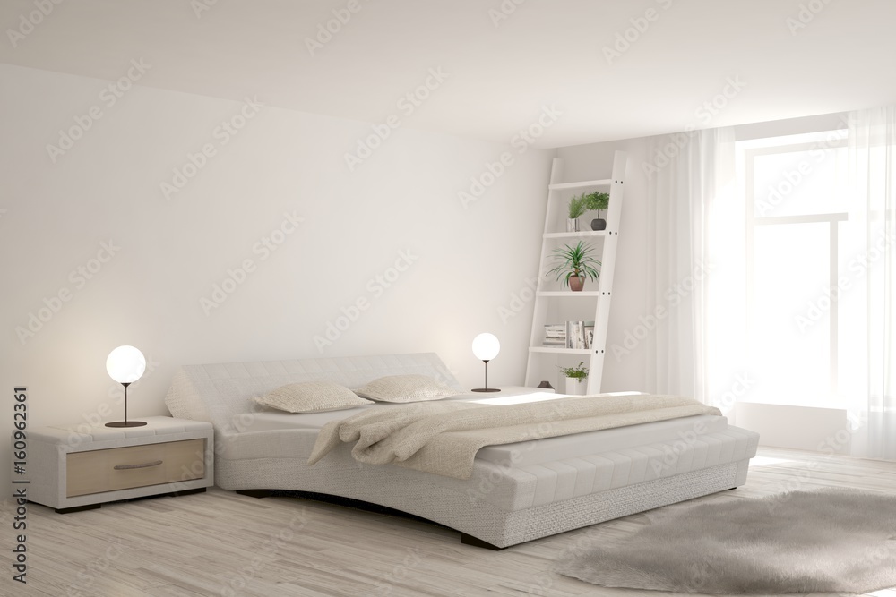Fototapeta premium White modern bedroom. Scandinavian interior design. 3D illustration