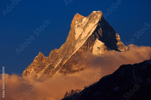 Sacred peak of Machapuchare (fish tail). View from the village Chomrong photo
