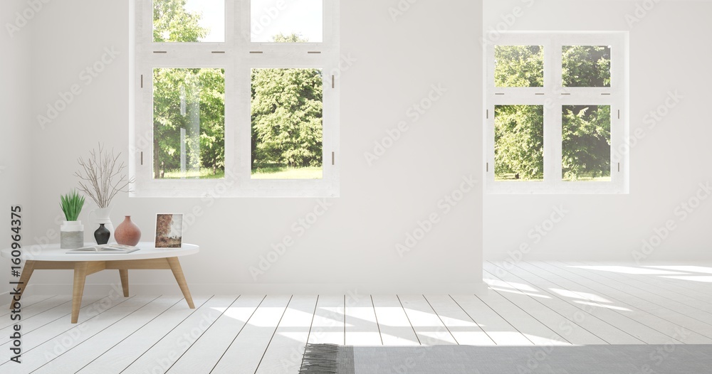 Fototapeta premium White empty room with green landscape in window. Scandinavian interior design. 3D illustration