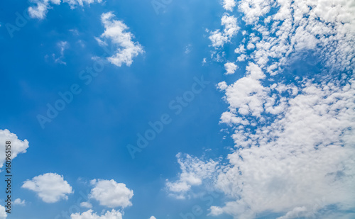 Bright blue sky with white cumulus cloud formations.
