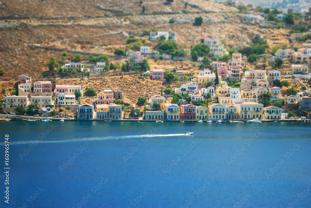 The beautiful Greek island of Symi photographed from surrounding hills