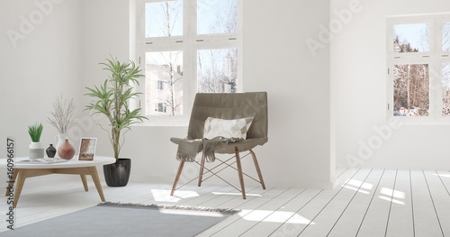 White room with armchair and winter landscape in window. Scandinavian interior design. 3D illustration