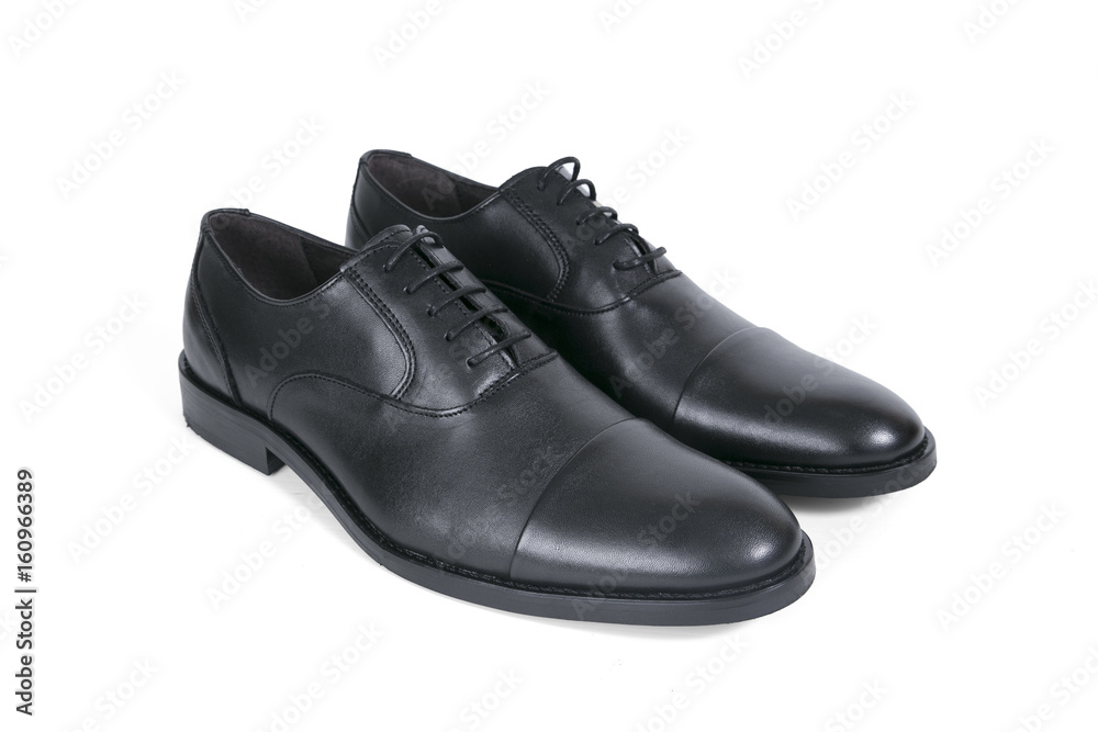 Male Black Shoe on White Background, Isolated Product, Top View, Studio. Male Black Shoe on White Background, Isolated Product, Top View, Studio.
