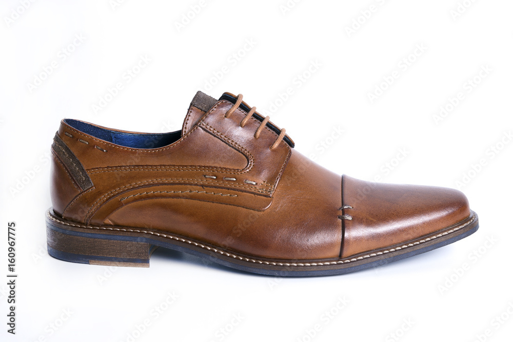 Male Brown Shoe on White Background, Isolated Product, Top View, Studio. Male Brown Shoe on White Background, Isolated Product, Top View, Studio.