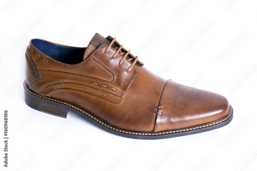 Male Brown Shoe on White Background, Isolated Product, Top View, Studio. Male Brown Shoe on White Background, Isolated Product, Top View, Studio.