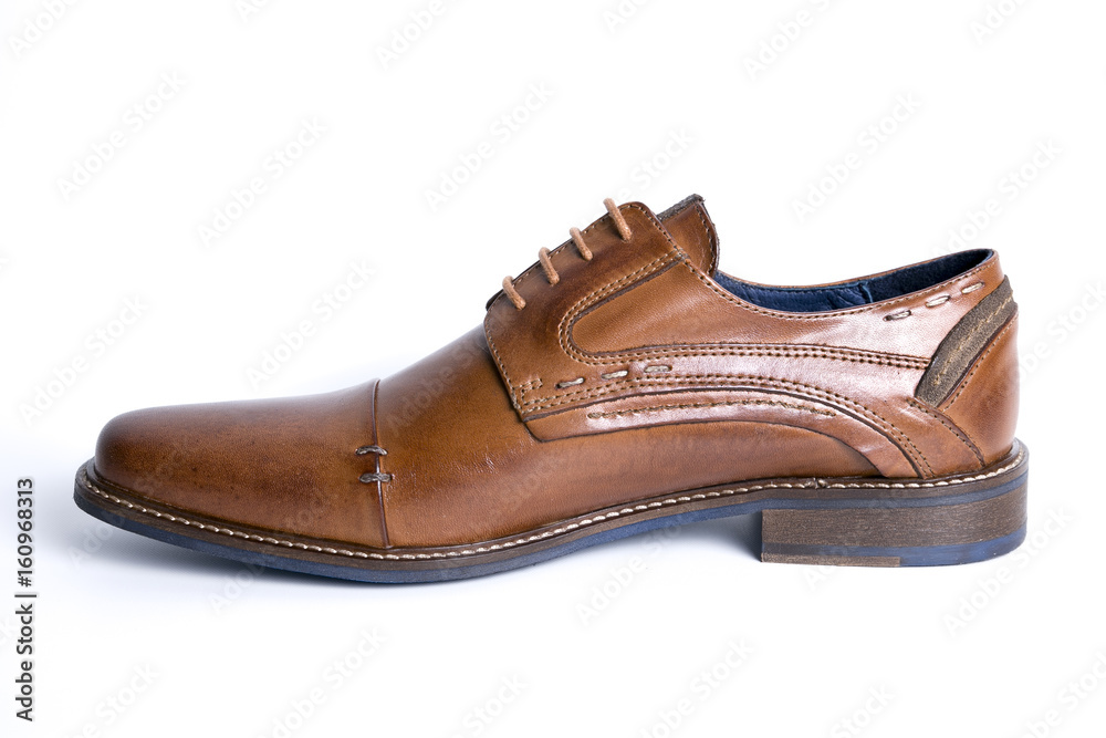 Male Brown Shoe on White Background, Isolated Product, Top View, Studio. Male Brown Shoe on White Background, Isolated Product, Top View, Studio.
