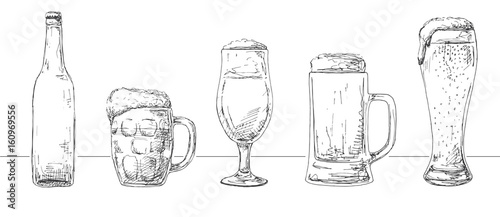 Set of different glasses with beer, different mugs of beer and a bottle. Vector illustration of a sketch style.