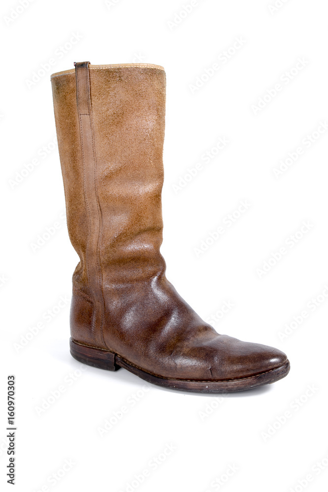 Male Brown Boot on White Background, Isolated Product, Top View, Studio. Male Brown Boot on White Background, Isolated Product, Top View, Studio.