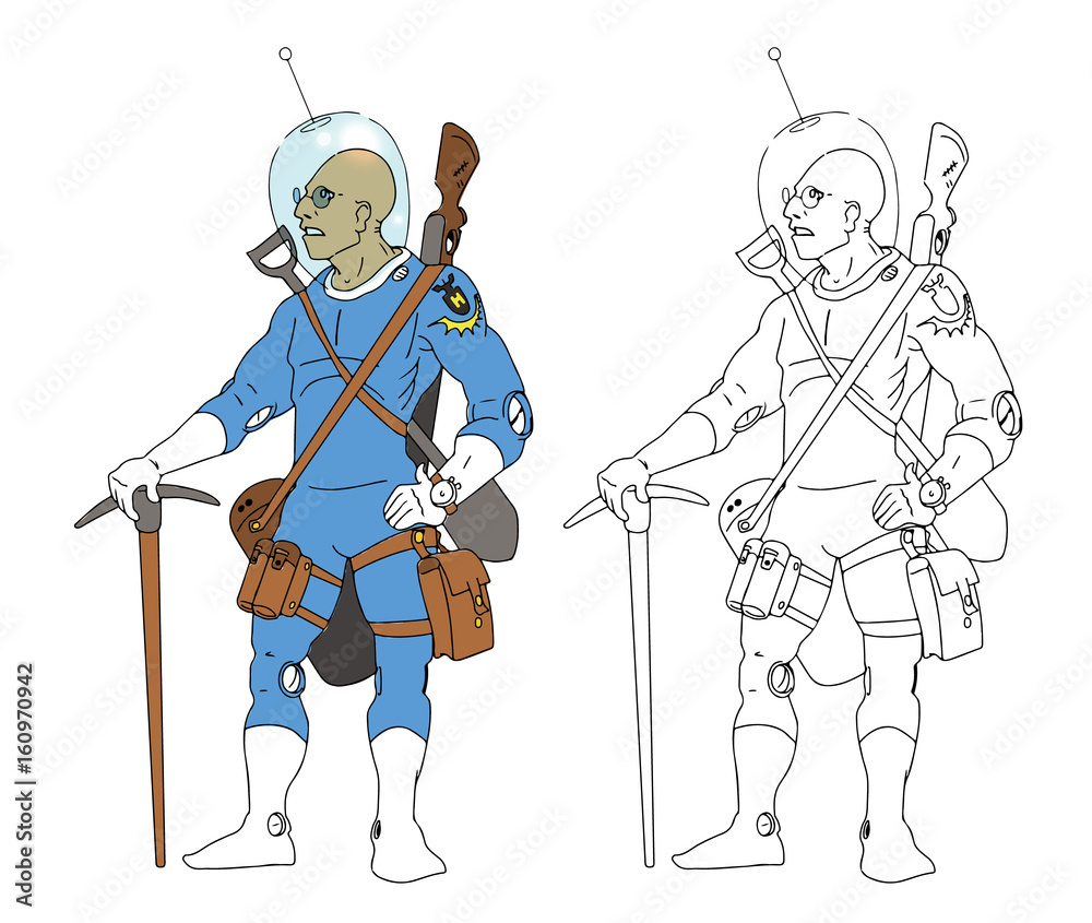 Geologist with a gun and an ice ax on a foreign planet. Color illustration