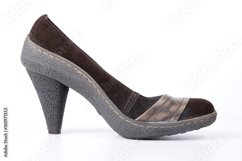 Female Brown Shoe on White Background, Isolated Product, Top View, Studio.