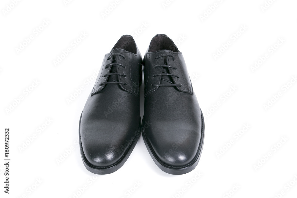 Male Black Shoe on White Background, Isolated Product, Top View, Studio. Male Black Shoe on White Background, Isolated Product, Top View, Studio.