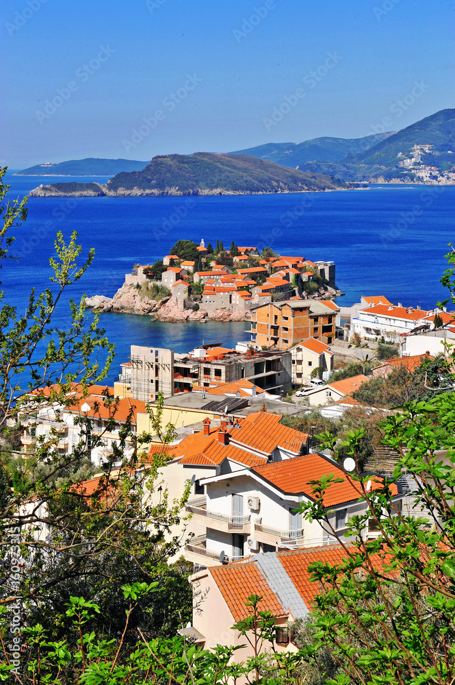 Top view of Sveti Stefan island and villages of riviera