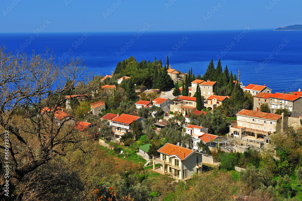 Scenic view of a village on Budvanska riviera Scenic view of a village on Budvanska riviera