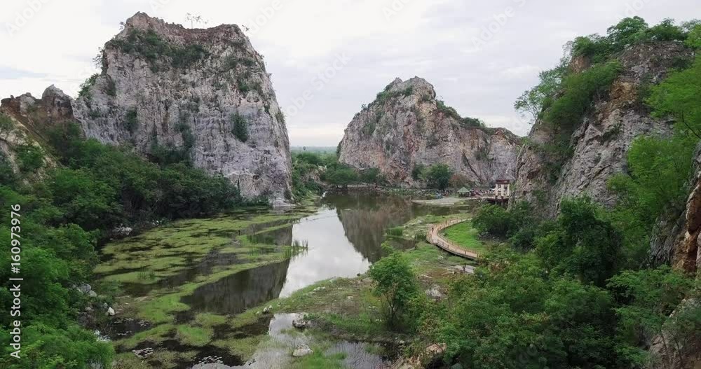 Aerial view of Mount Khao Ngoo Rock Park or Thueak Khao Ngu, Ratchaburi Ancient monuments in Ratchaburi Province, Thailand