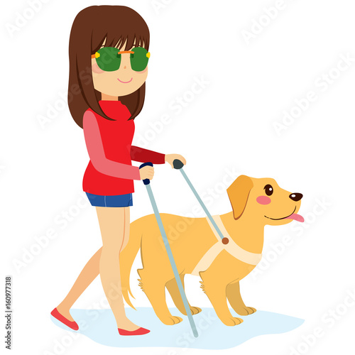 Blind woman walking with guide dog and walking stick