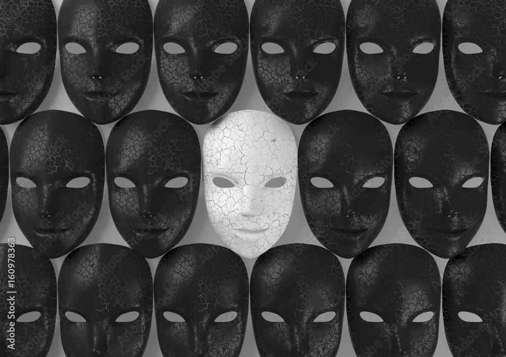 Smiling white mask among black masks, Hypocritical concept, 3d