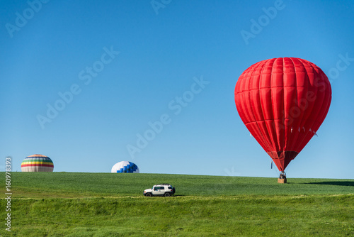 Colorful hot air balloons over green field © Antonio