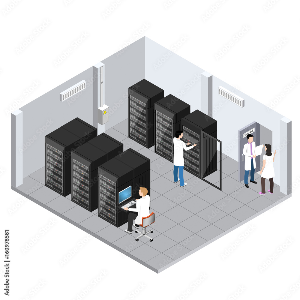 Server room isometric image, information storage and processing room, technical personnel serves server equipment