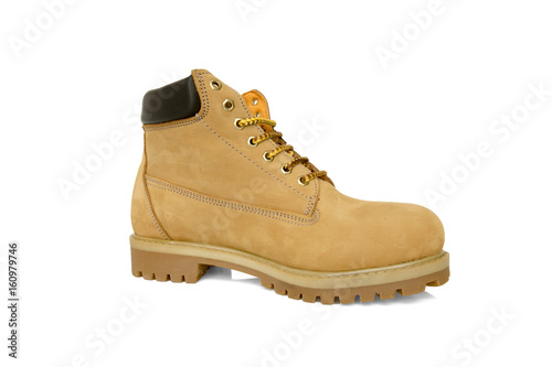 Male Brown Boot on White Background, Isolated Product, Top View, Studio.