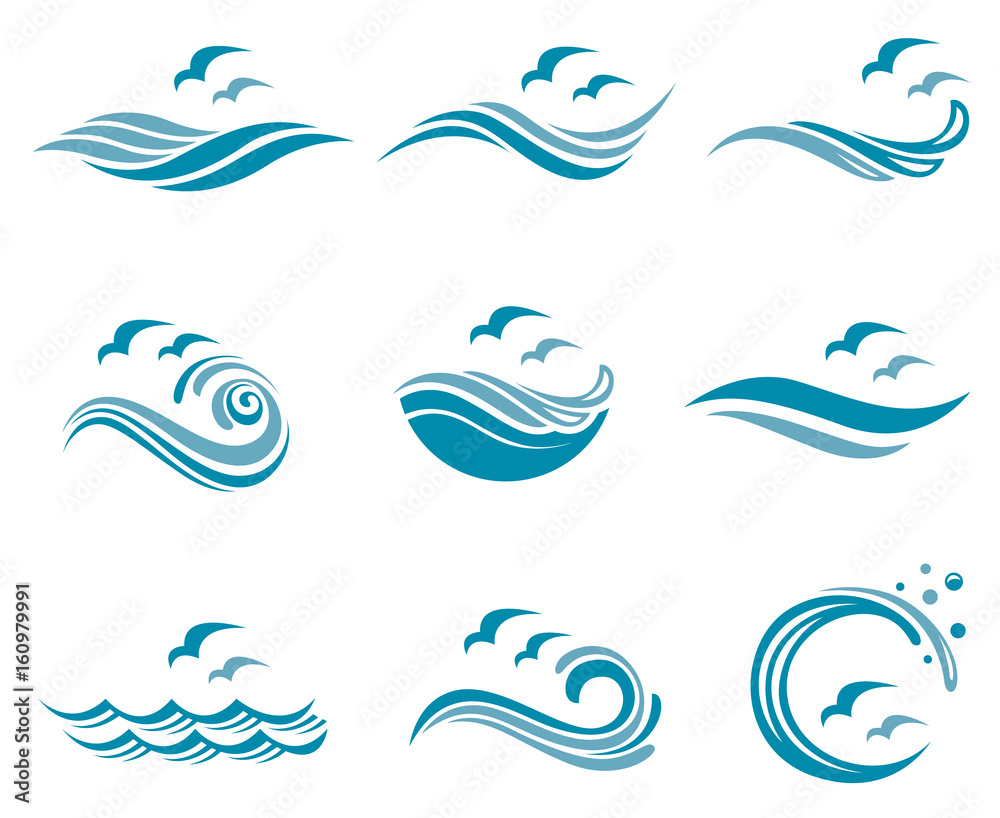 Naklejka premium kolekcja logo oceanu z falami i mewami