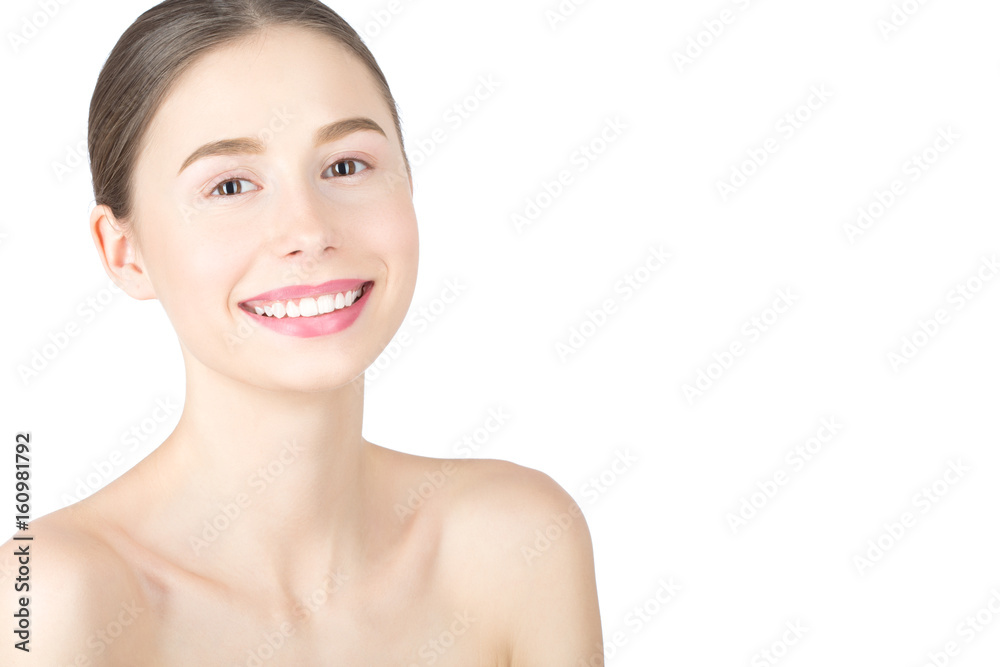 Woman with a natural beauty makeup look - isolated over a white background with copy space Woman with a natural beauty makeup look - isolated over a white background with copy space