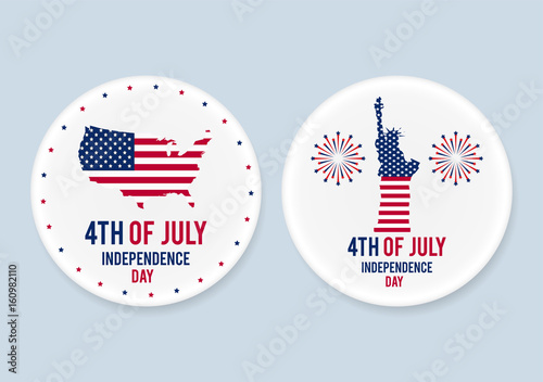White steel patriotic pin badges set. 4th of july. Independence Day of America. Realistic mockup.