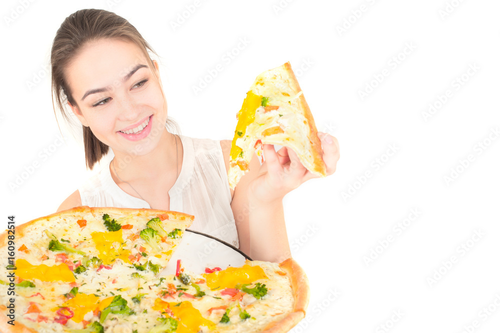 happy woman presents pizza on white background happy woman presents pizza on white background