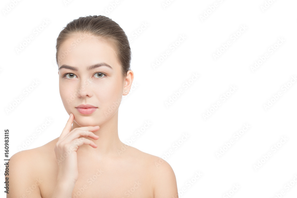 Woman with a natural beauty makeup look - isolated over a white background with copy space Woman with a natural beauty makeup look - isolated over a white background with copy space