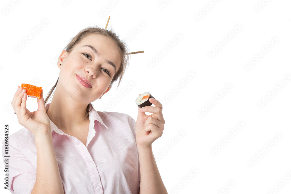 young woman with sushi smiling on white background young woman with sushi smiling on white background