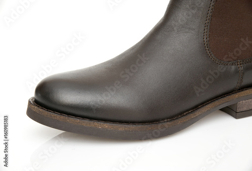 Female Brown Boot on White Background, Isolated Product, Top View, Studio.