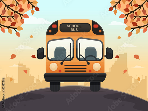 School Bus on a Street. Flat Design Style. 
