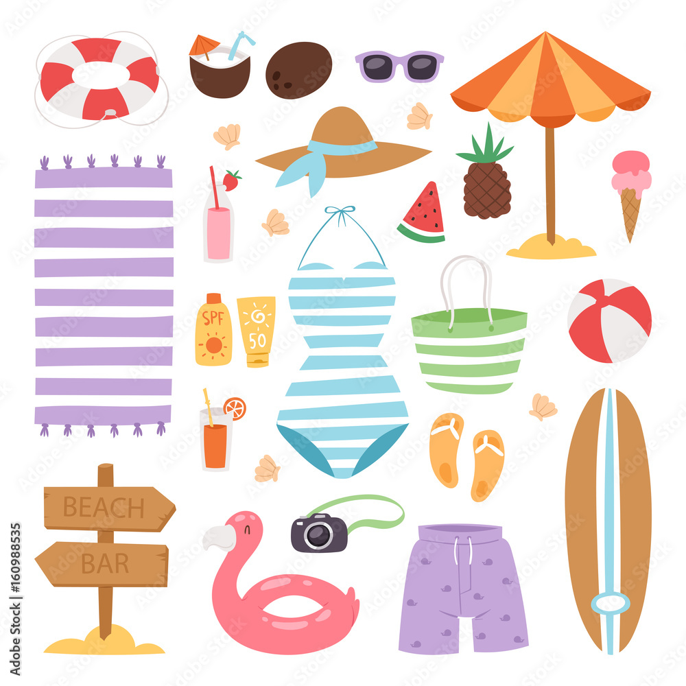 Summer fashion beach sea time swimsuit clothes and accessories vector illustration vacation bathing suit looks image design Summer fashion beach sea time swimsuit clothes and accessories vector illustration vacation bathing suit looks image design