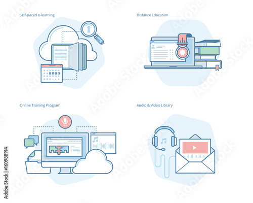 Set of concept line icons for distance education, audio and video library, online training and courses, self-paced e-learning. UI/UX kit for web design, applications, mobile interface, print design. 