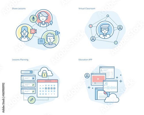 Set of concept line icons for online education, apps, virtual classroom, education network, lecture program for teachers. UI/UX kit for web design, applications, mobile interface, print design. 