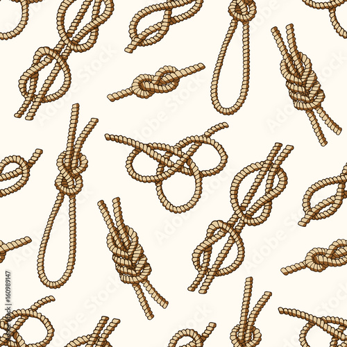 Different sea boat knots types noose rope vector set illustration seamless pattern background