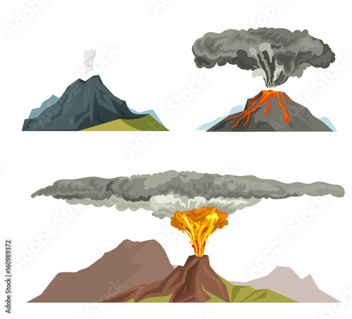 Volcano magma nature blowing up with smoke volcanic eruption lava mountain vector illustration