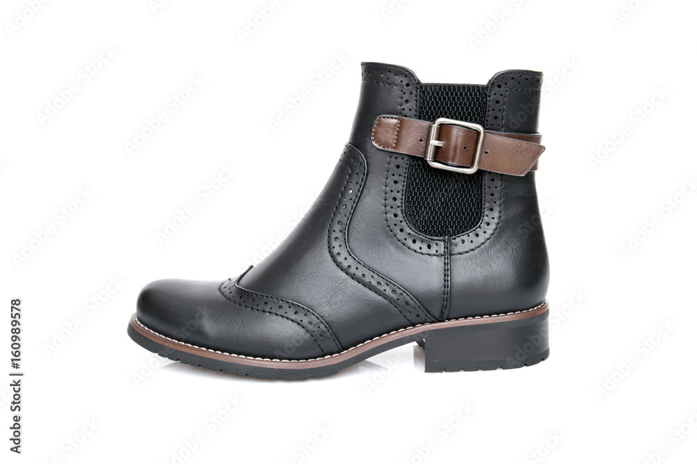 Female Black Boot on White Background, Isolated Product, Top View, Studio.