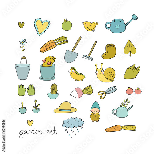 Set of garden objects. Plants, pots and tools for gardening. Vegetables and insects.
