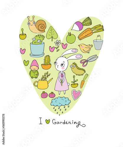 Cute cartoon rabbit girl and Set of garden objects. Plants, pots and tools for gardening.